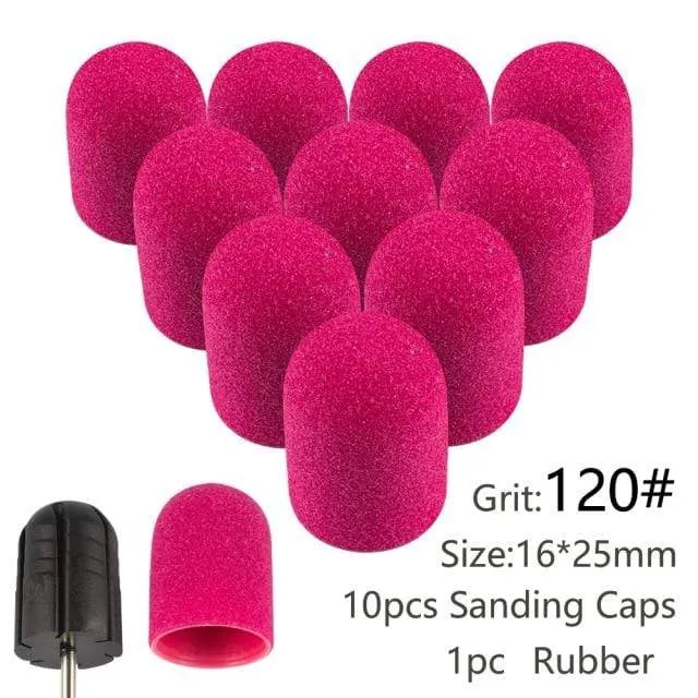 10pcs Nail Sanding Caps With Rubber Gel Polish Remover Nail Drill Bit Mill Grinding Sand Cap Pedicure Tool for Manicure Machine