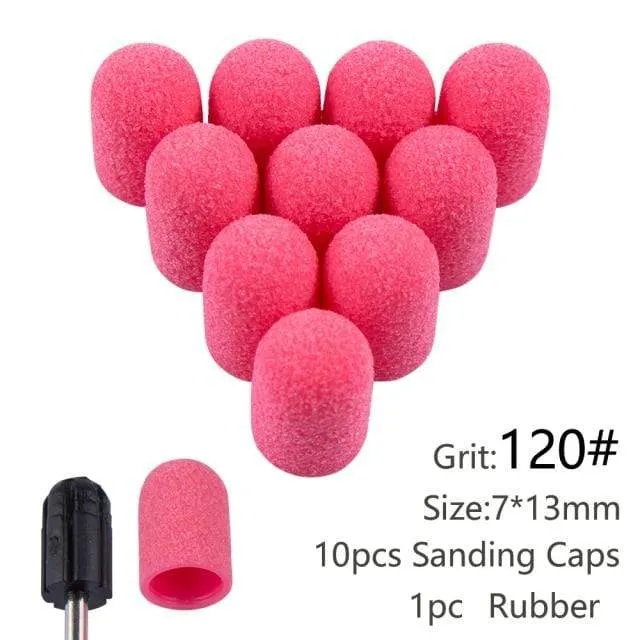 10pcs Nail Sanding Caps With Rubber Gel Polish Remover Nail Drill Bit Mill Grinding Sand Cap Pedicure Tool for Manicure Machine