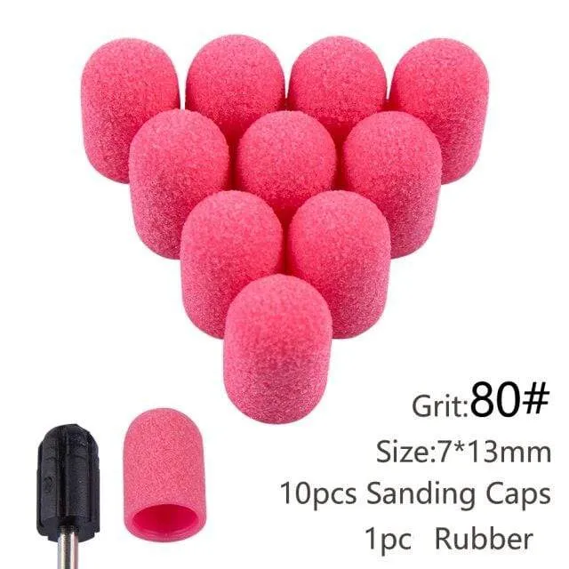 10pcs Nail Sanding Caps With Rubber Gel Polish Remover Nail Drill Bit Mill Grinding Sand Cap Pedicure Tool for Manicure Machine
