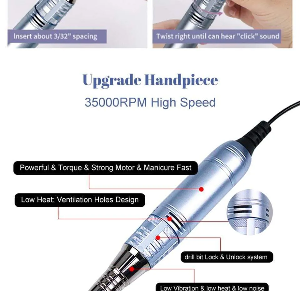 35000RPM Nail Art Drill Gel Electric Nail Drill 35W Nail Polisher with Set Nail Drill Bits Manicure Machie Nail Salon Tools