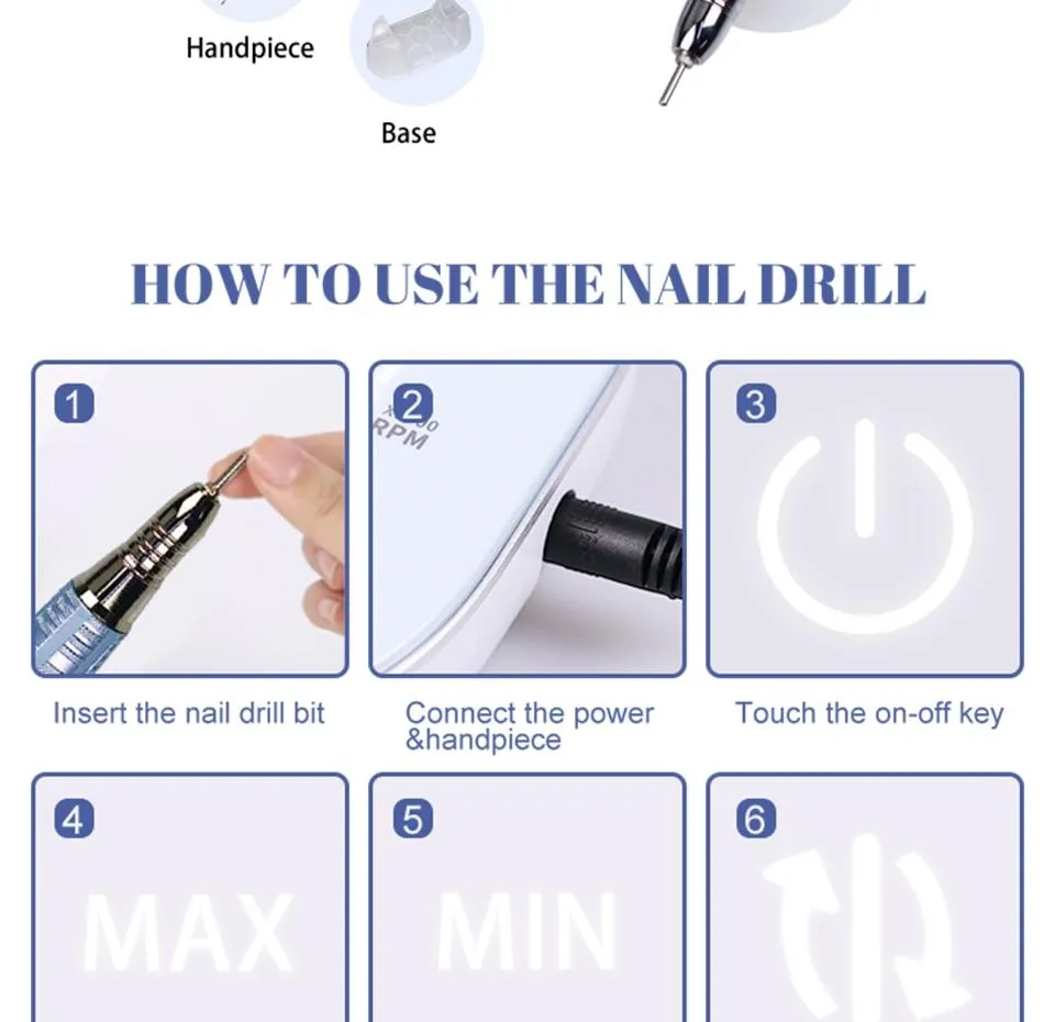 35000RPM Nail Art Drill Gel Electric Nail Drill 35W Nail Polisher with Set Nail Drill Bits Manicure Machie Nail Salon Tools
