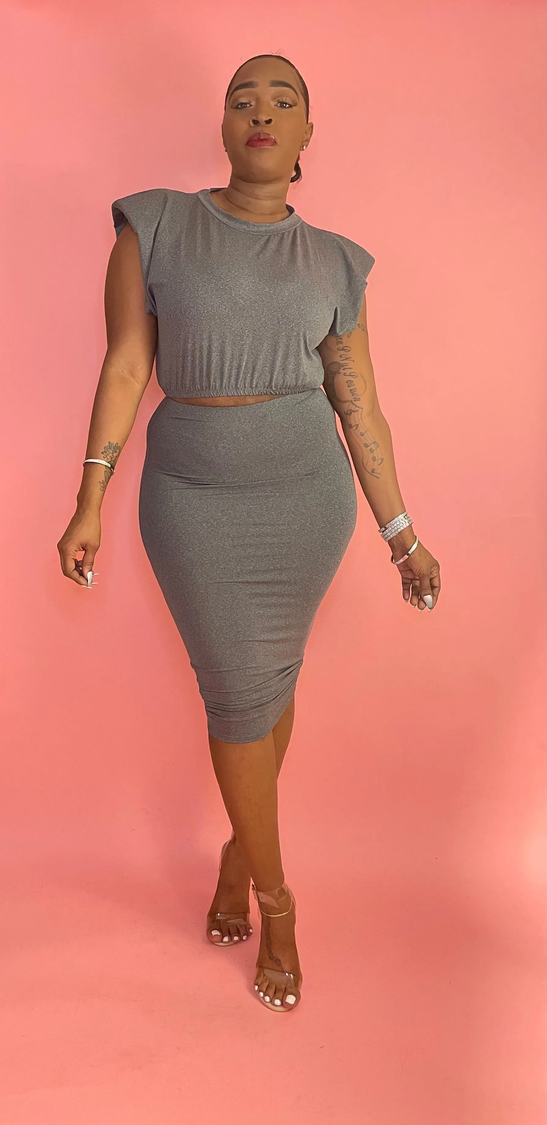 Chic Moves 2-Piece Padded Sleeveless Crop Top & High Waisted Midi Skirt Set (8 Colors)