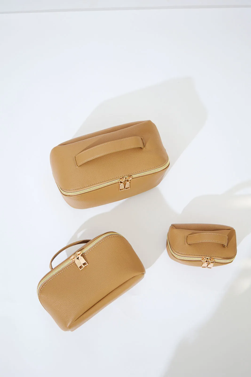 Vegan PU Leather Cosmetic Beauty Bag - Set Of 3 - Beige