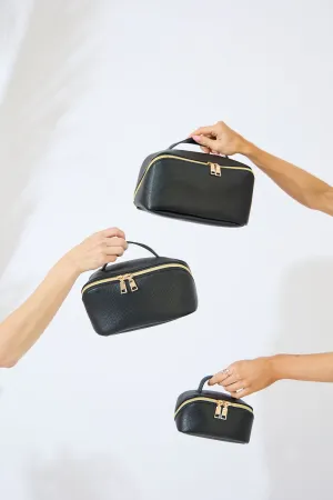 Vegan PU Leather Cosmetic Beauty Bag - Set Of 3 - Black